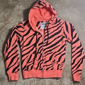 Exist Women's  Zebra Print Zippered Hoodie Jacket Orange and Black Small